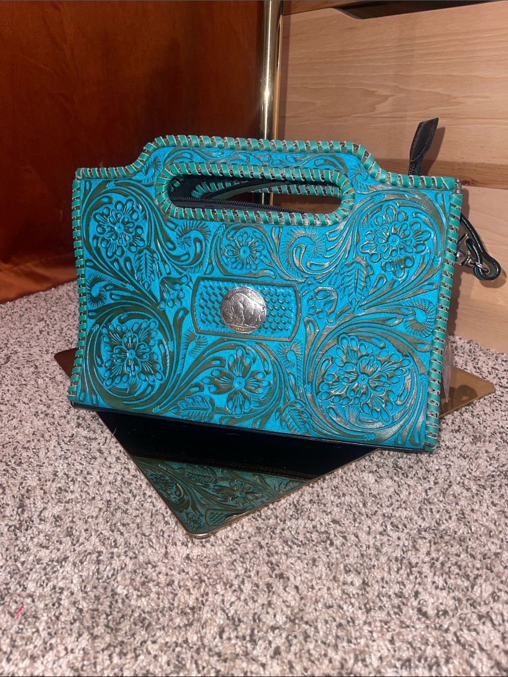 Turquoise Tooled Floral Leather Handbag